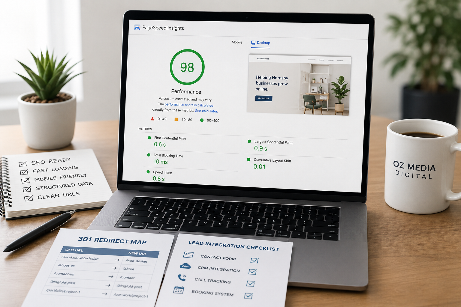 Website project checklist showing a 98 PageSpeed performance score, an SEO-ready checklist, a 301 redirect map and a CRM lead integration checklist