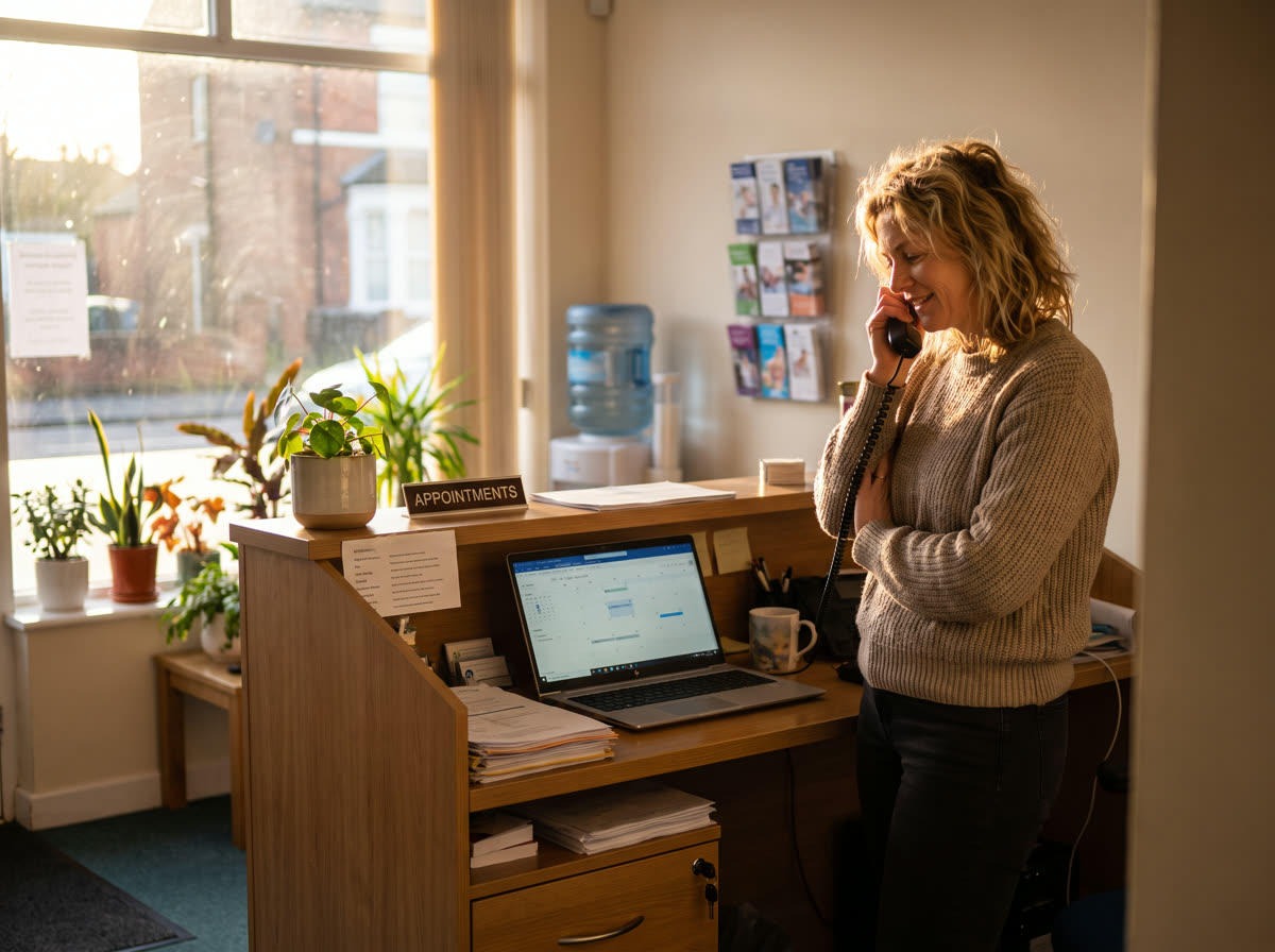 A small business owner at her clinic reception desk following up with a client by phone