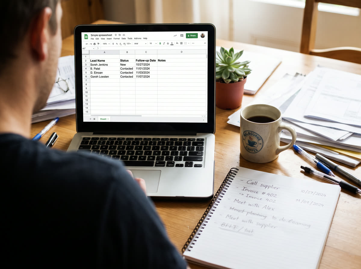 Close-up over-the-shoulder view of a small business owner's laptop showing a simple lead-tracking spreadsheet