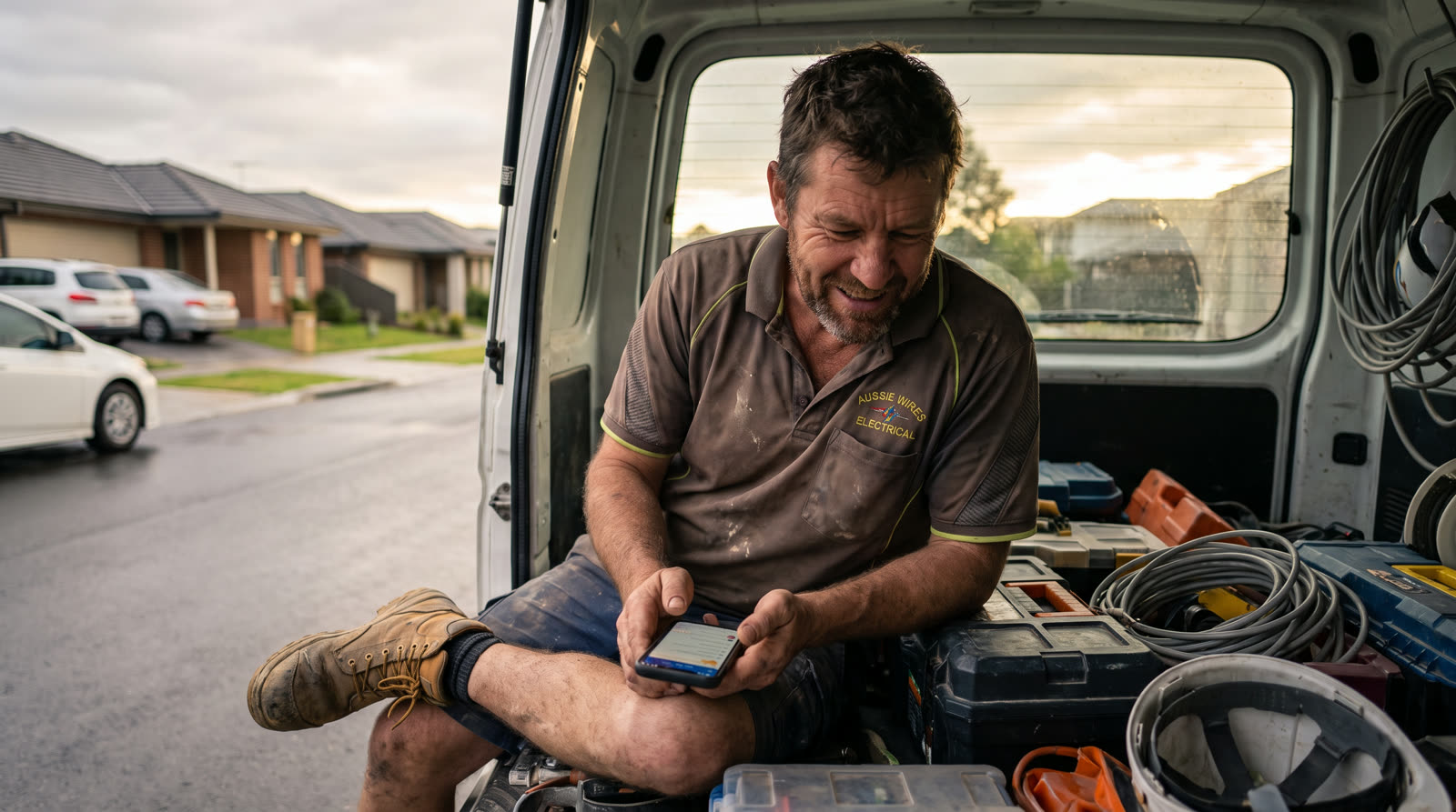 An Australian tradie checking a new lead notification on his phone in his work van at the end of the day