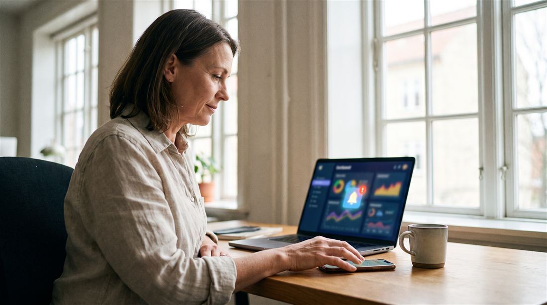 A business owner reviewing a marketing performance dashboard on a laptop