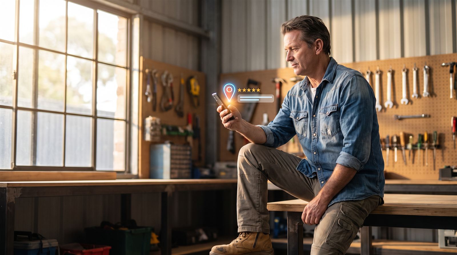 An Australian tradesperson checking a five-star review notification on his phone in his workshop