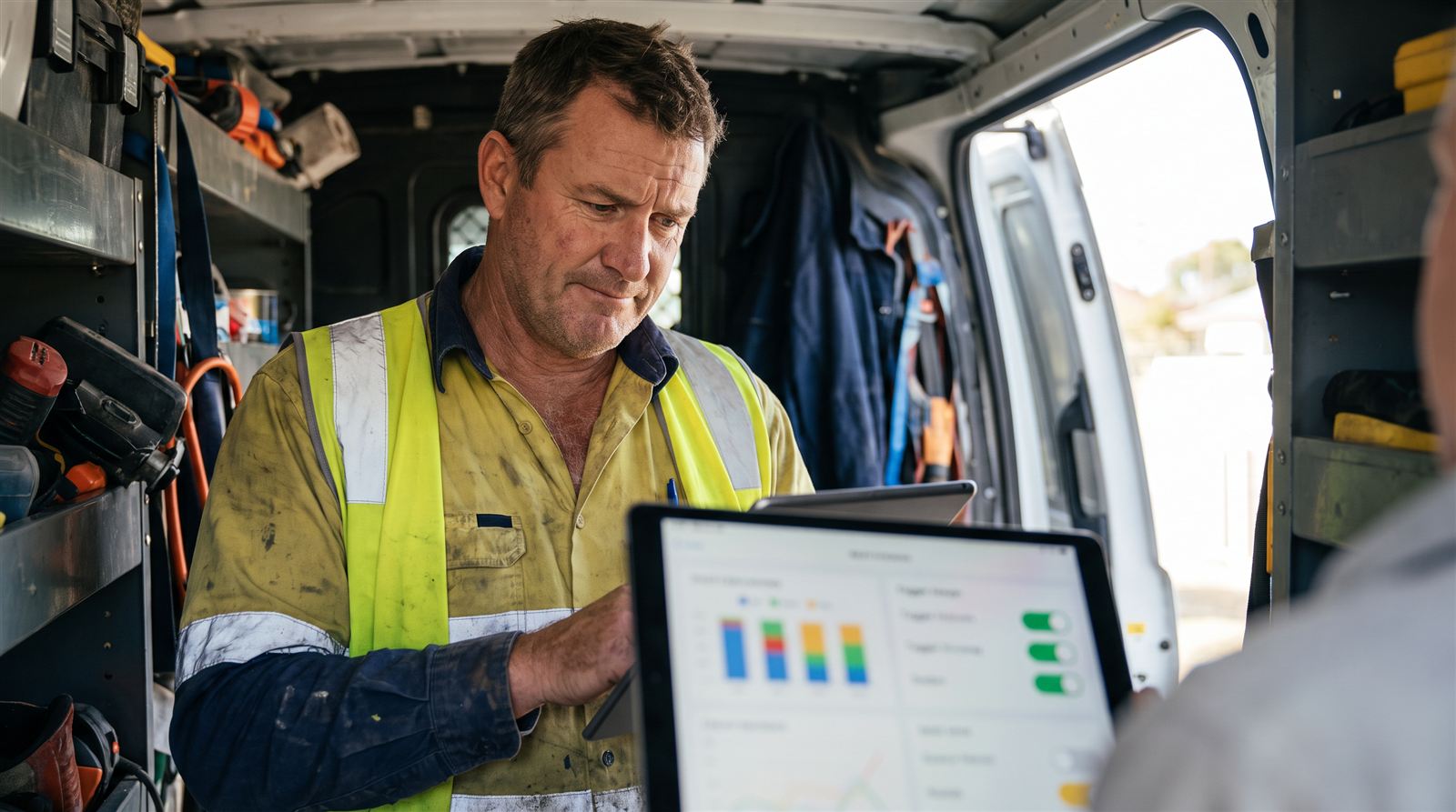 A tradesperson in his work van reviewing an automated Google Ads campaign dashboard on a tablet
