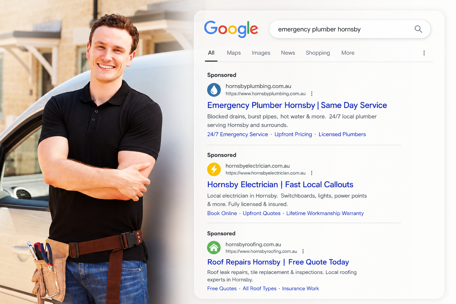 Hornsby tradesman standing by his van next to a Google search results page showing sponsored Google Ads for 'emergency plumber Hornsby'