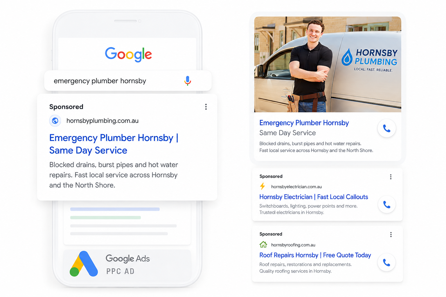 Mobile Google Ads and Local Services Ads results for Hornsby plumbers, electricians and roofers, showing the pay-per-lead call-to-book cards