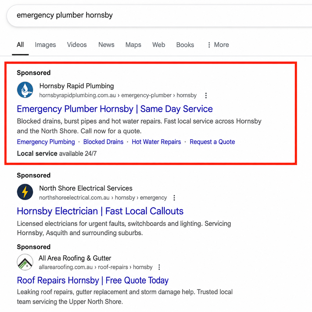 Google search results for 'emergency plumber Hornsby' showing three competing Hornsby trade businesses all bidding on Google Ads for the same search