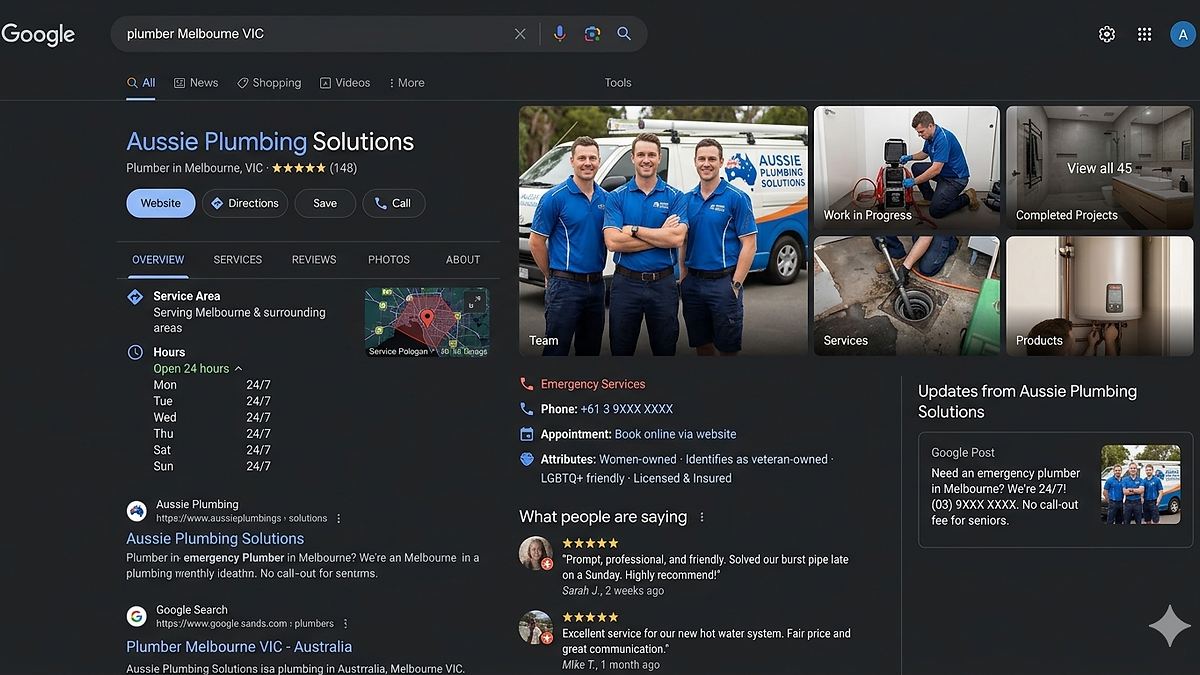 A complete Google Business Profile listing showing photos, reviews and business details