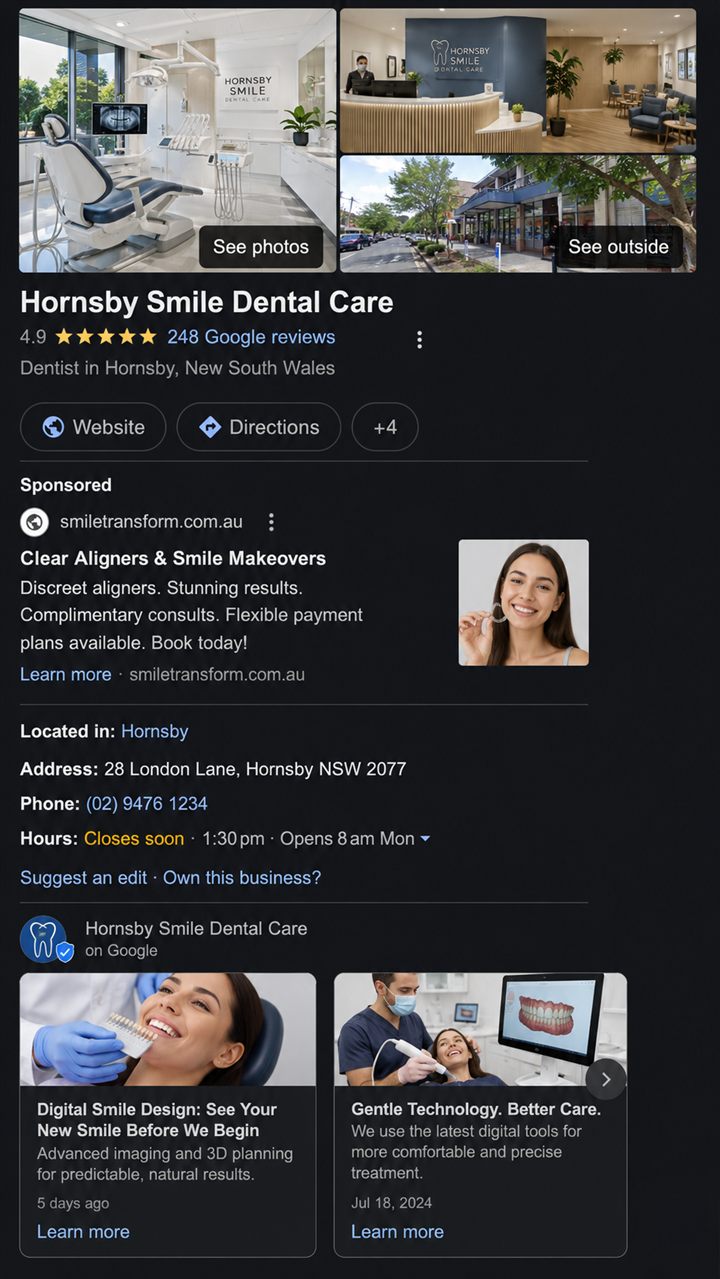 Example fully-optimised Google Business Profile page, showing photos, posts, and review highlights