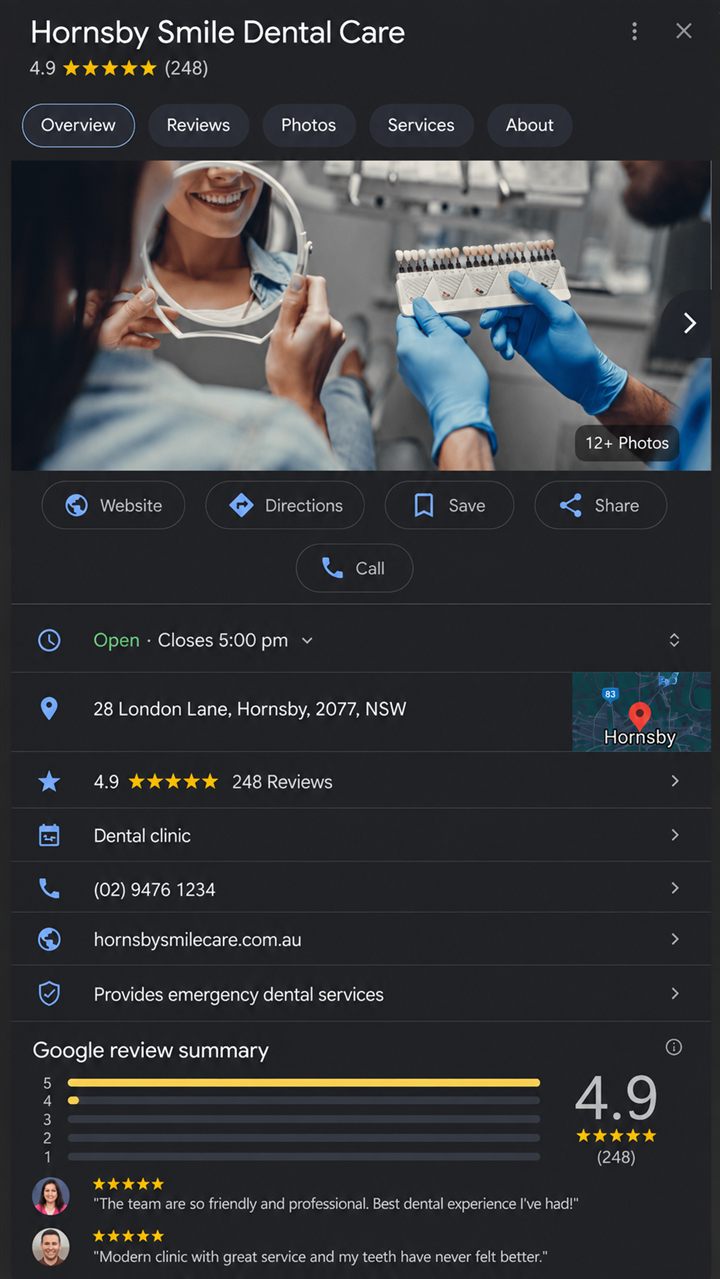 Example Google Business Profile search result for a dental practice, showing star rating and review count