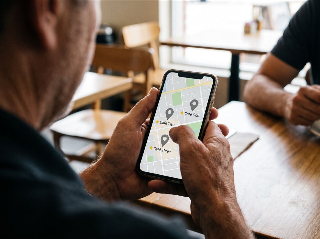 A customer comparing three local businesses on a Google Maps local pack on their phone