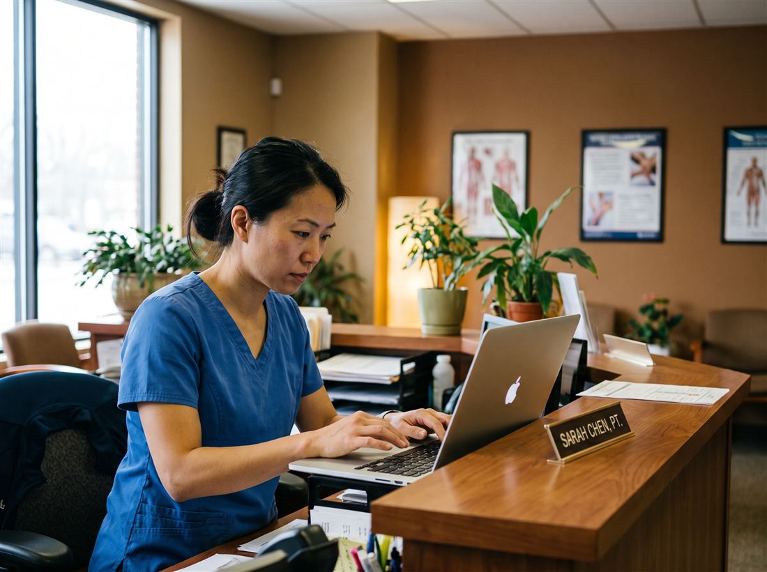 A small business owner responding to customer reviews on a laptop at reception