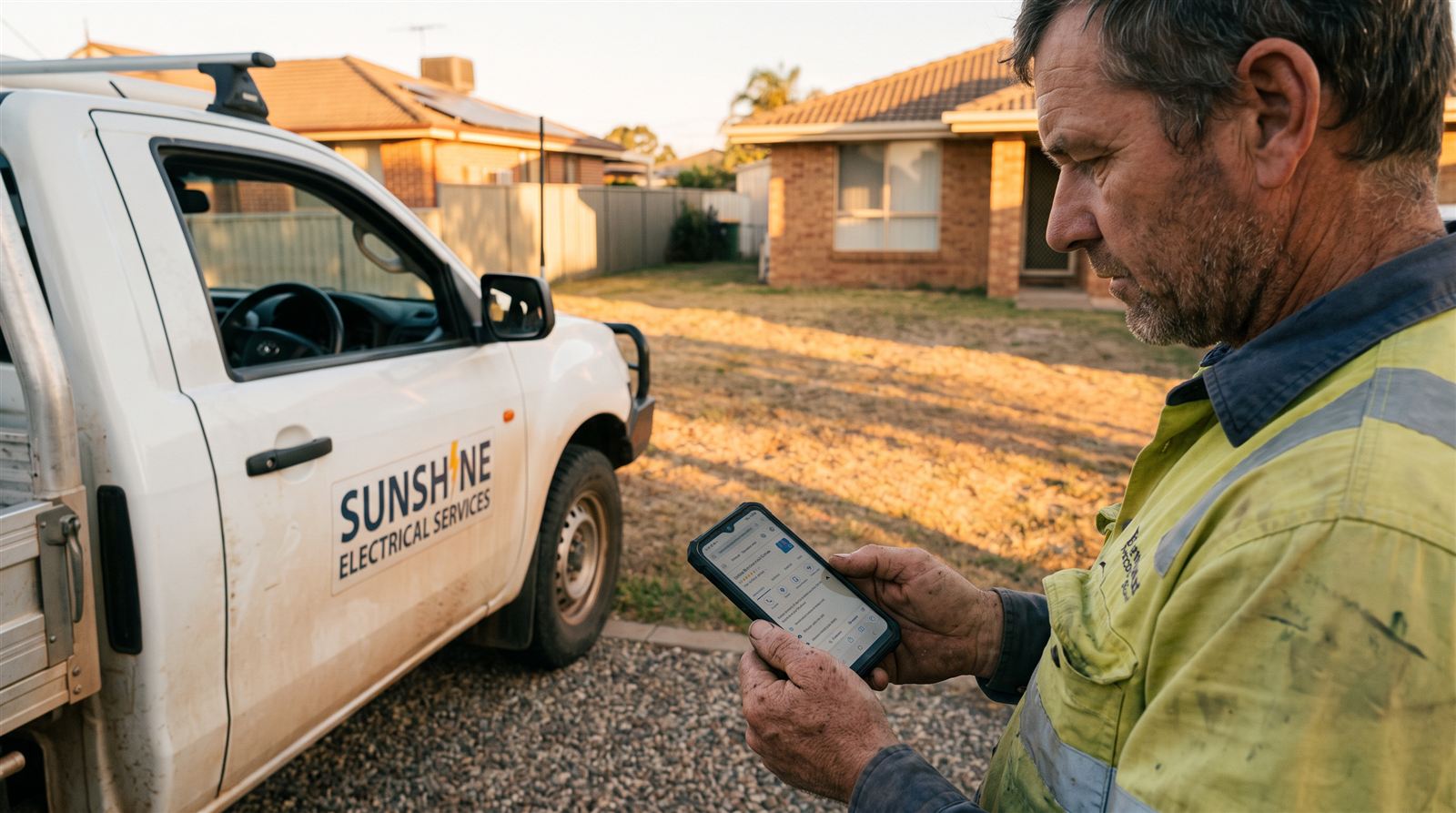 A tradesperson checking his Google Business Profile listing on his phone beside his work van