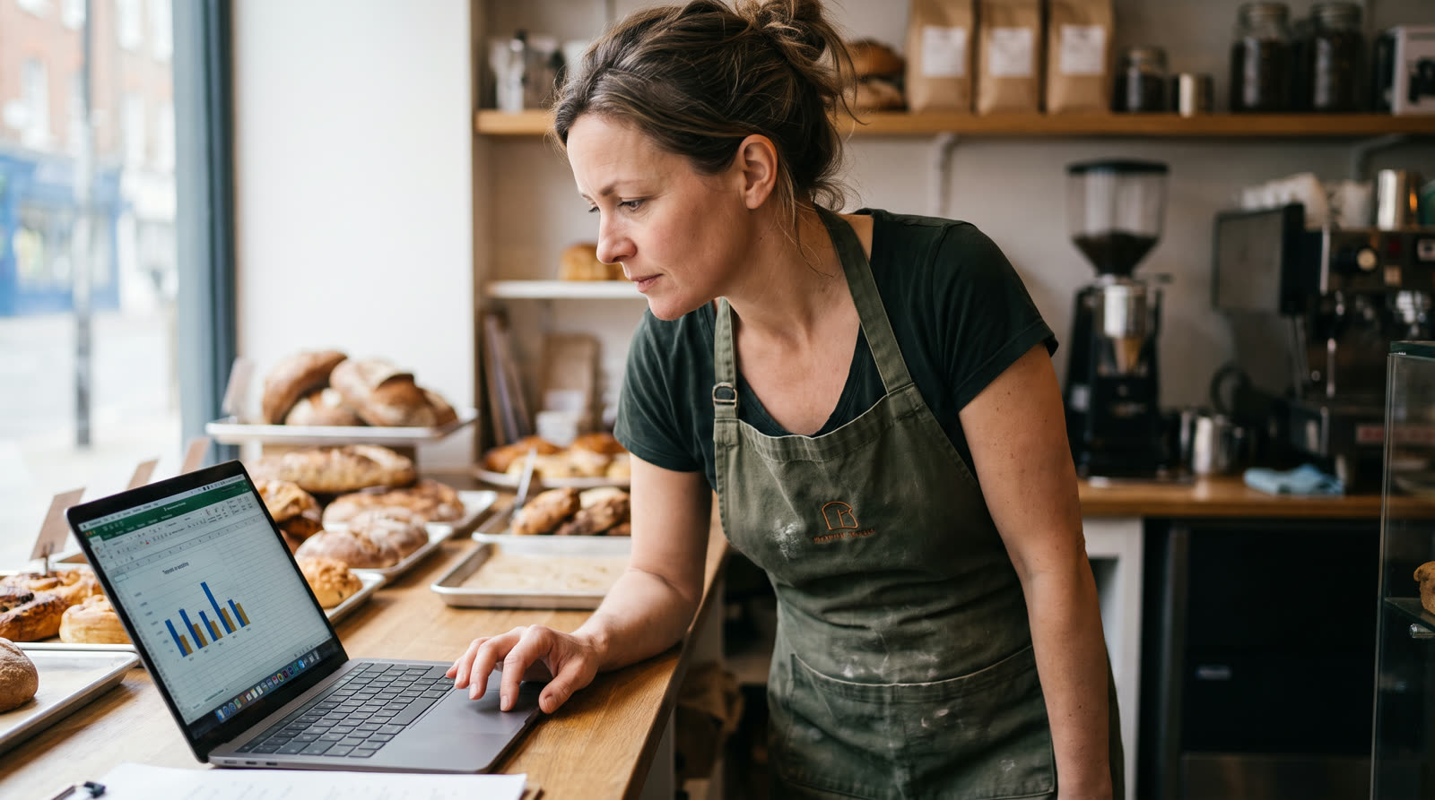 An Australian small business owner reviewing a marketing budget spreadsheet in her bakery