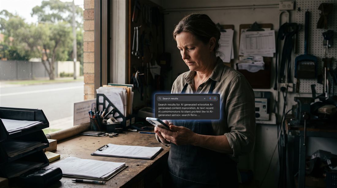 A small business owner checking search results on her phone in her workshop