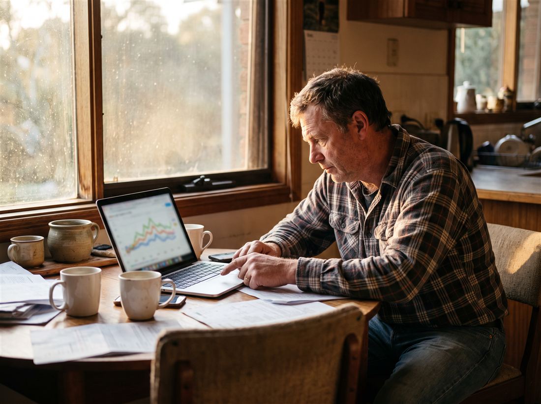 A business owner reviewing organic traffic data on a laptop at his kitchen table
