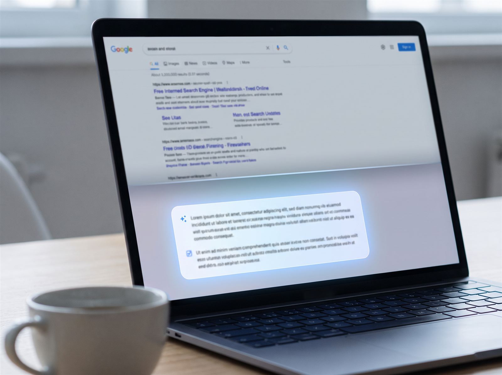 A laptop screen showing a Google search results page with an AI-generated summary above the organic results