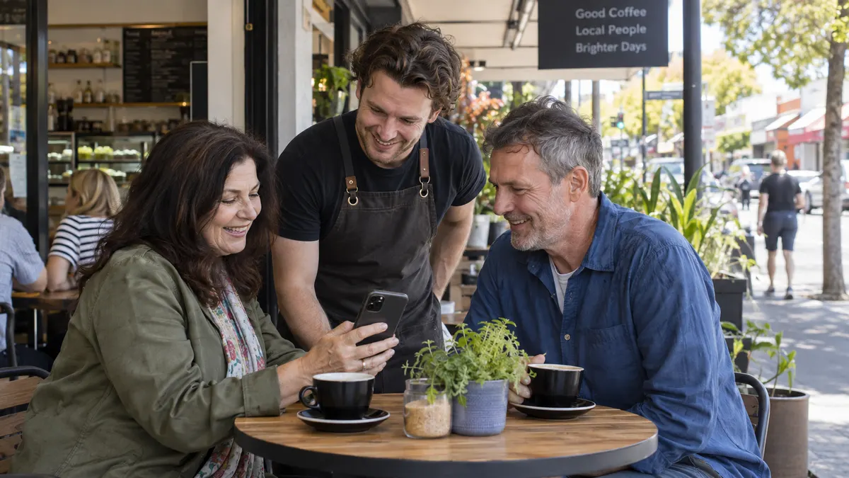 Illustrative scene of a local business owner building real community connection with regular customers.