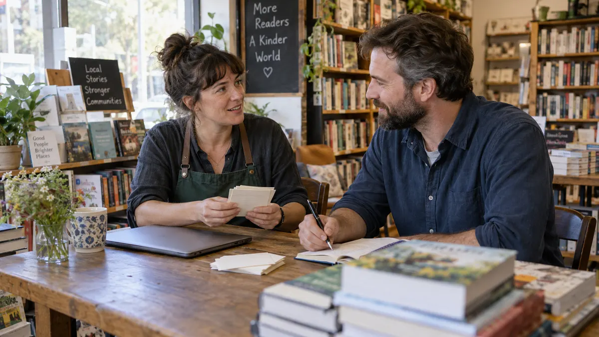 Small business owners planning a local promotion together.