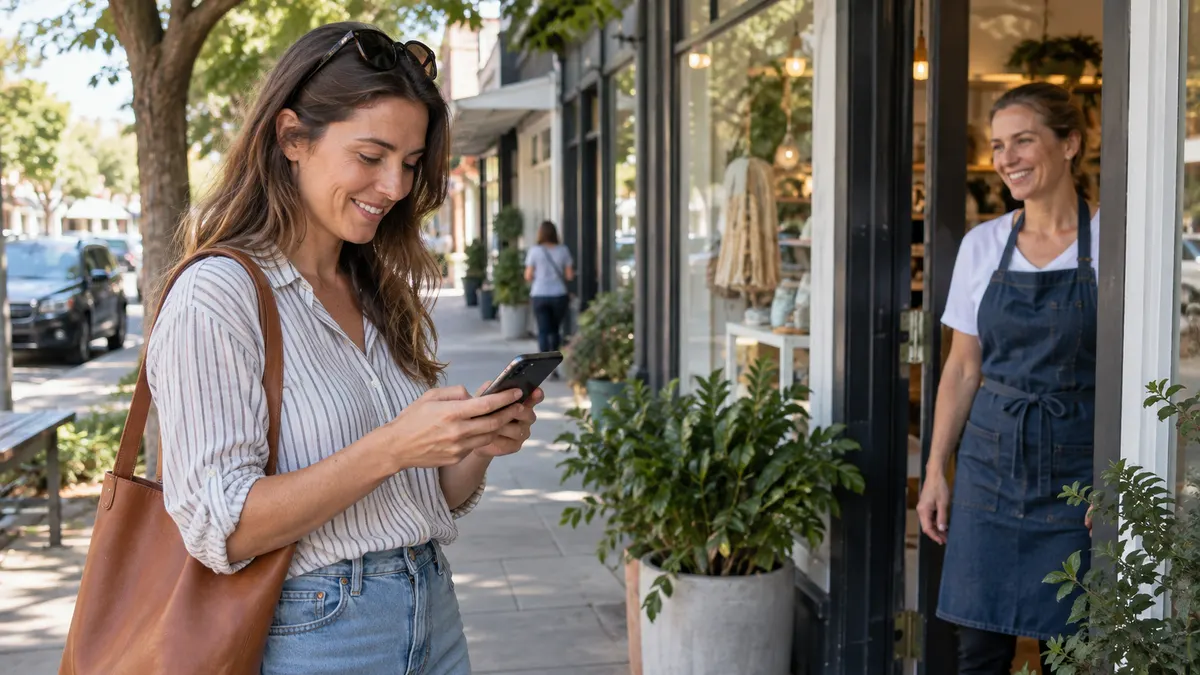 Shopper using a smartphone to find a nearby local business on the high street.