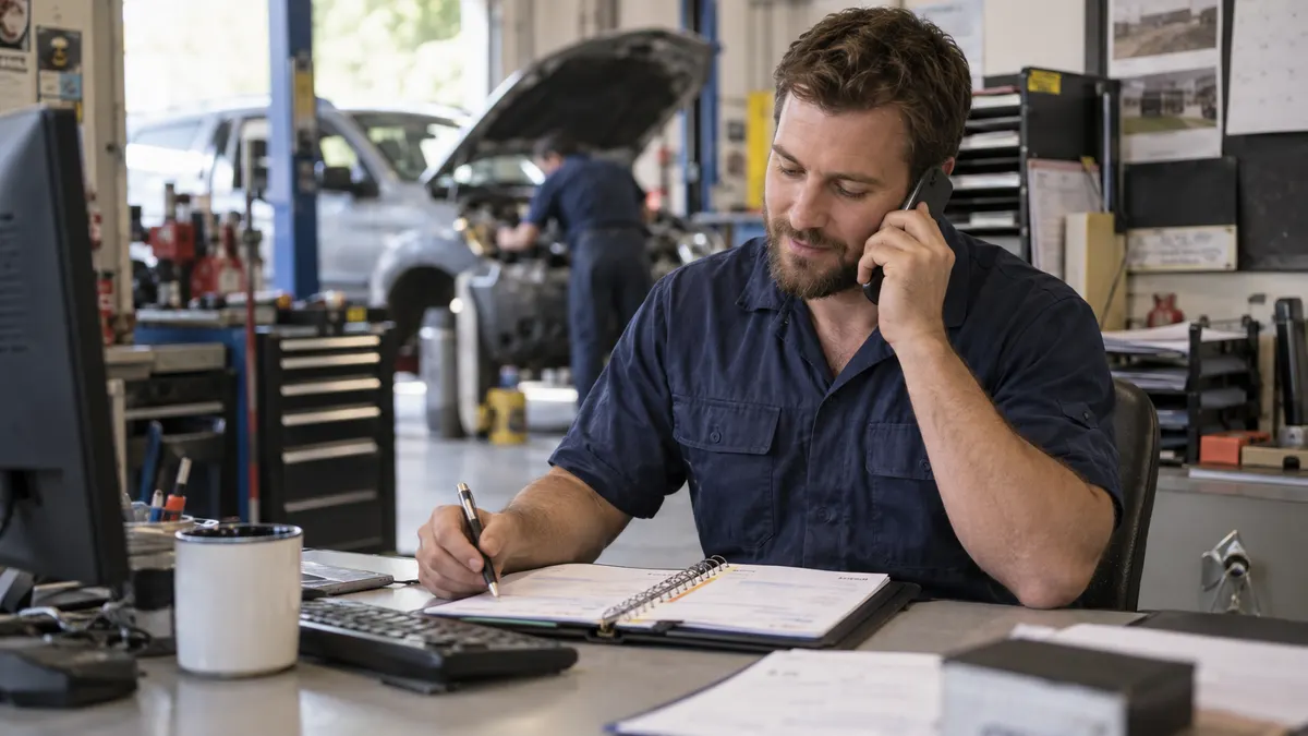 Business owner completing a customer follow-up call while checking the appointment diary.