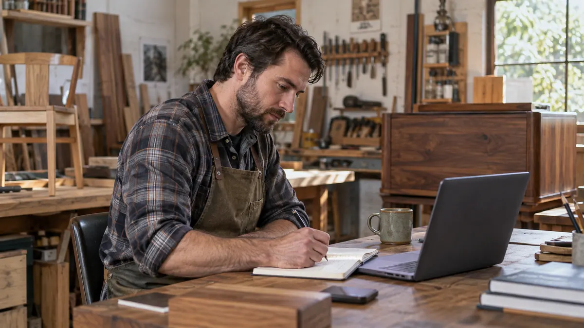 Small business owner writing service descriptions for his website as part of SEO foundations.