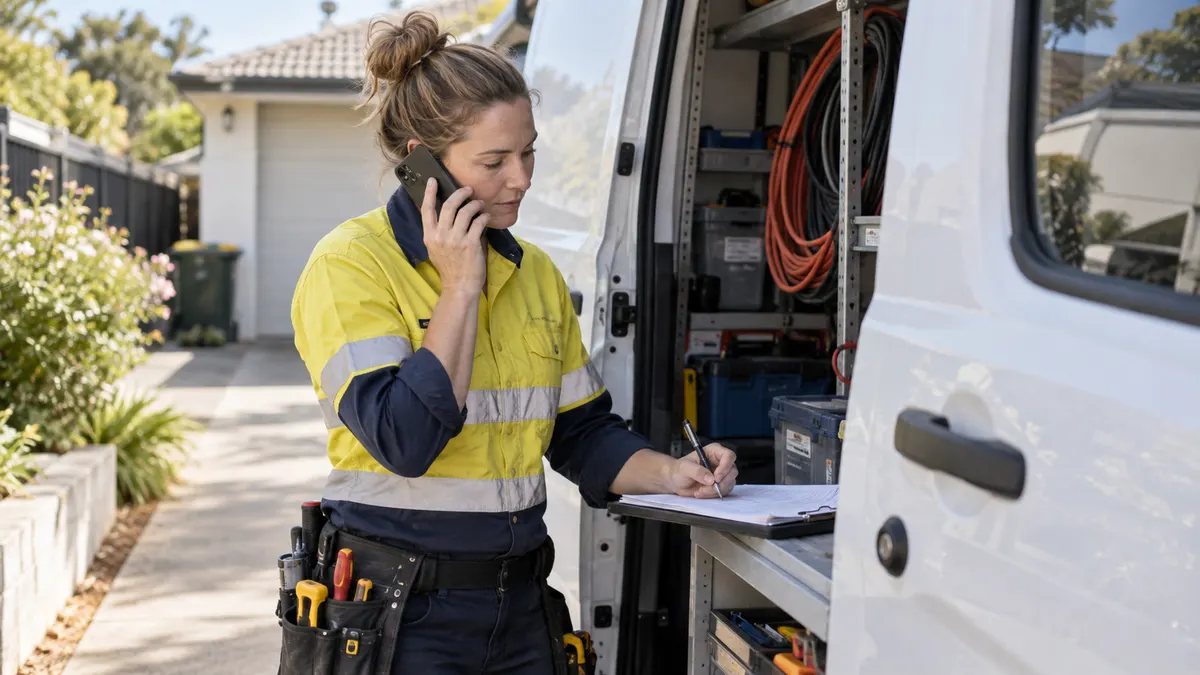 Tradesperson taking a new enquiry by phone beside her work van.