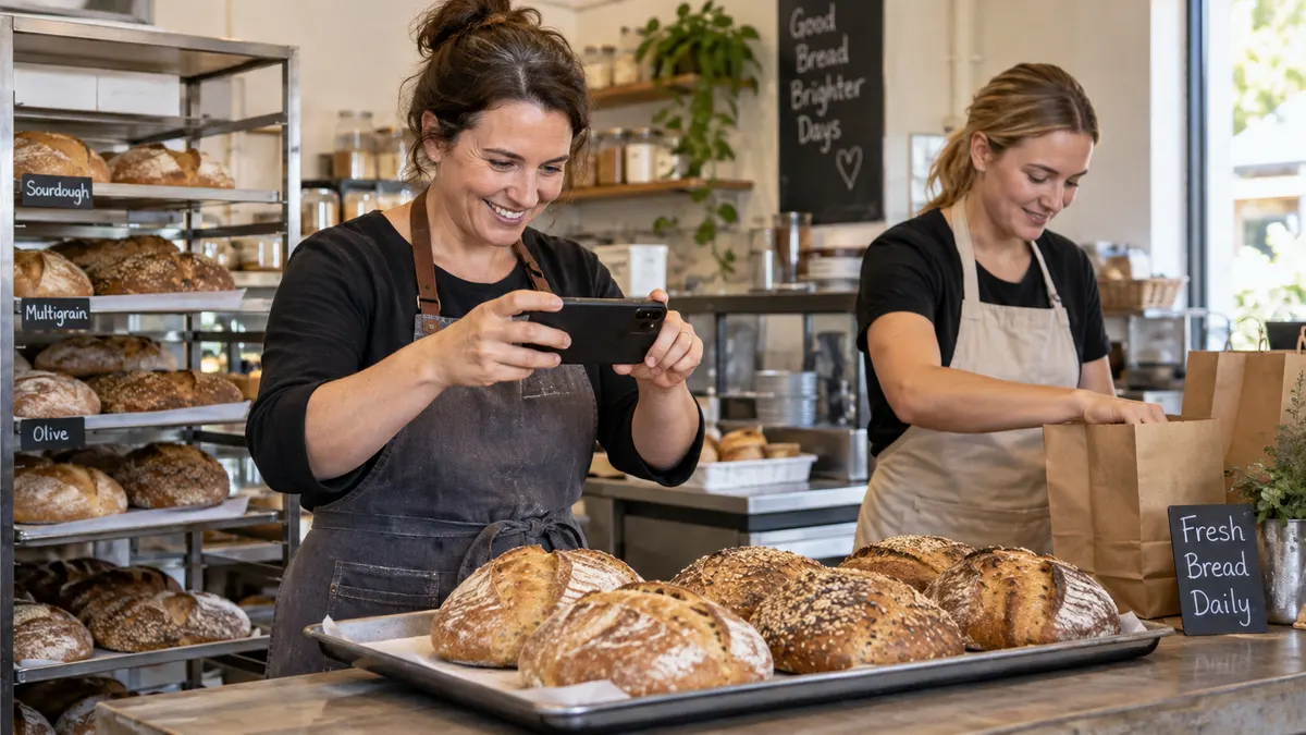 Small bakery owner photographing fresh bread for social media.
