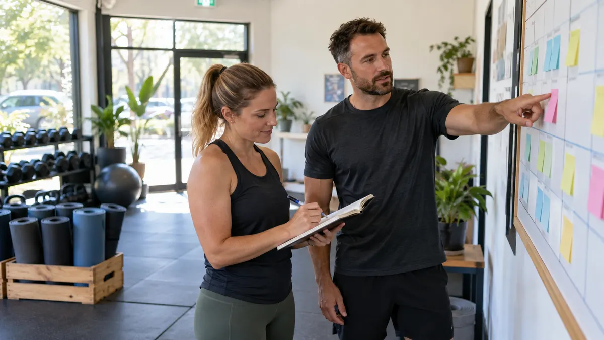 Two small business owners planning their first 90 days of marketing on a wall planner.