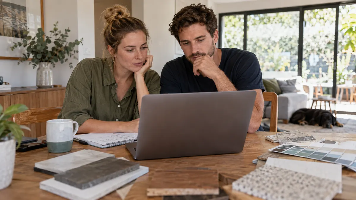 Illustrative scene of an Australian couple asking an AI tool for a local business recommendation.