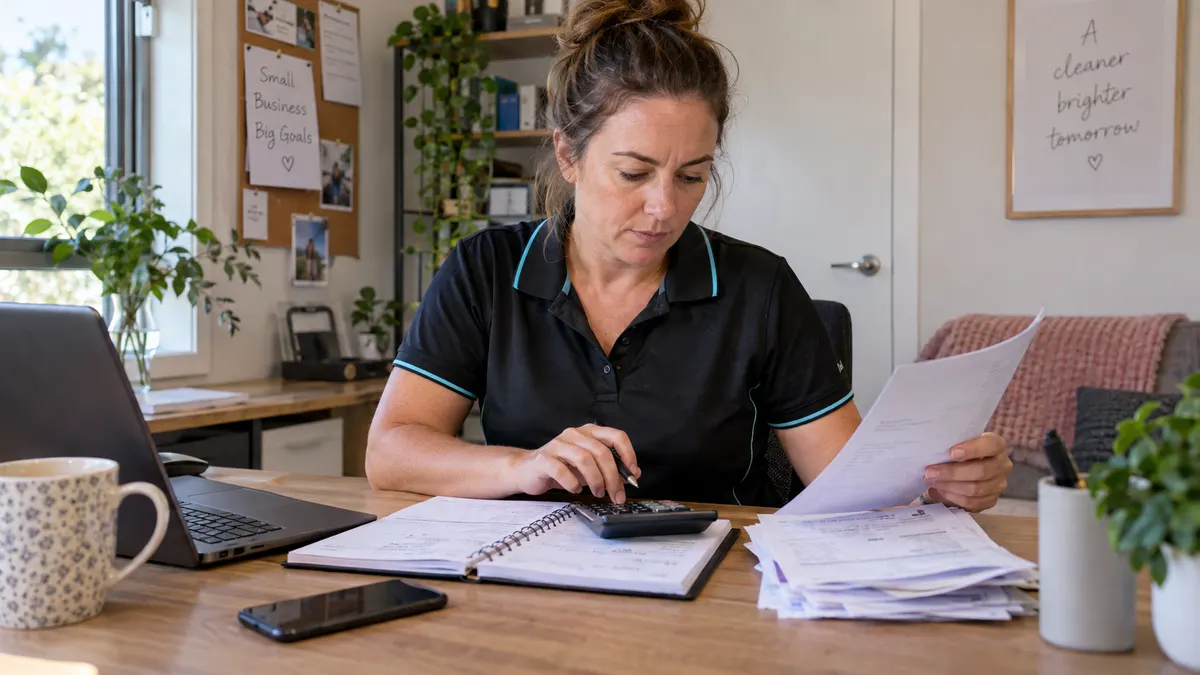 Small business owner comparing marketing invoices against an enquiry diary with a calculator.