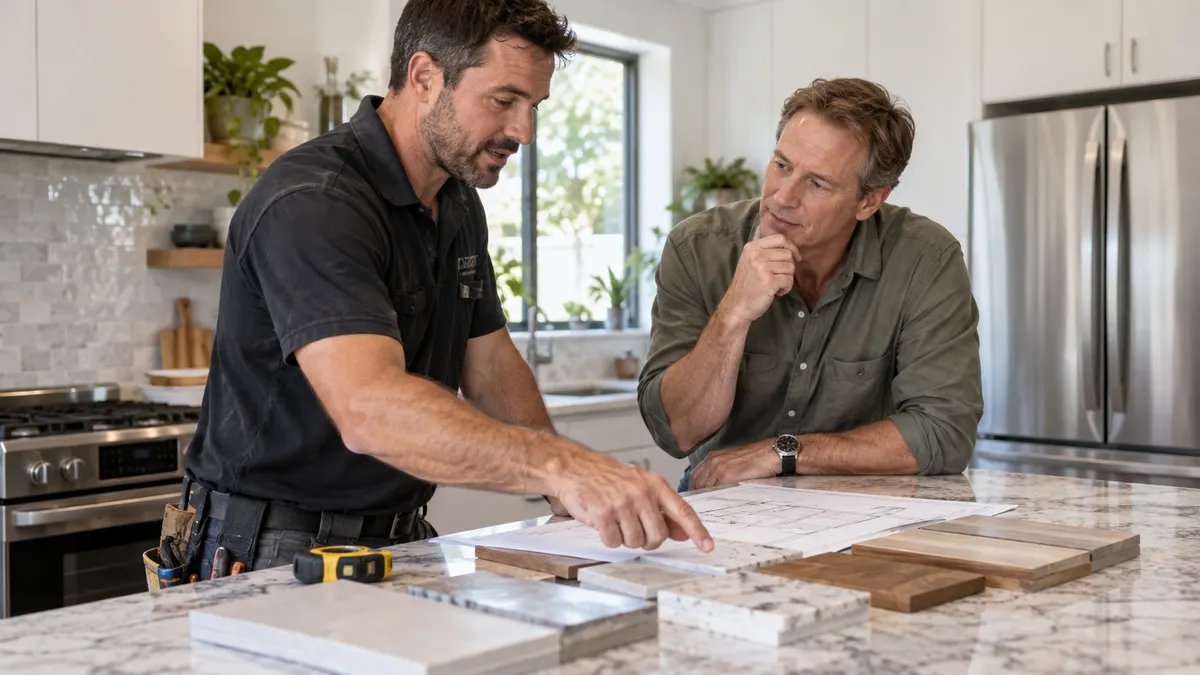 Contractor discussing a qualified, high-value project with a homeowner at the kitchen island.