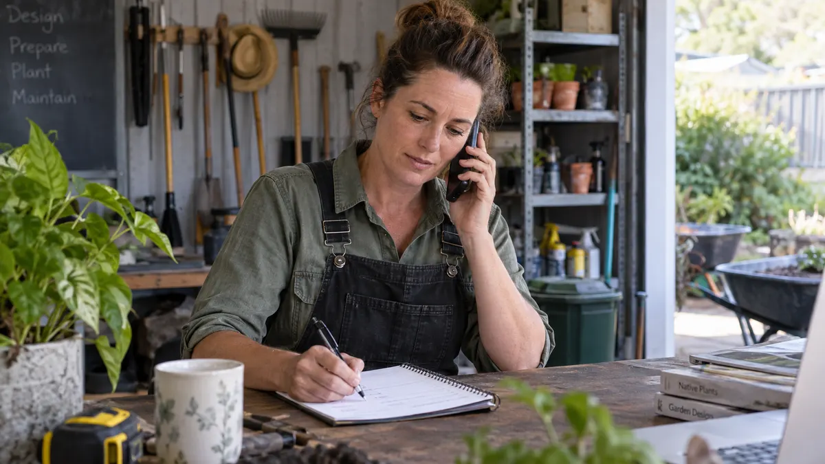 Business owner asking clarifying questions on a call and noting answers in a qualification checklist.
