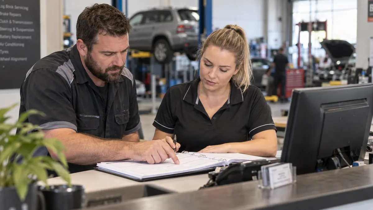 Workshop manager and receptionist reviewing a booking register to track genuine enquiries.