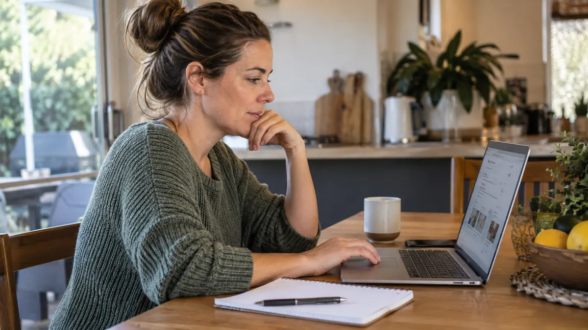 Homeowner researching a home-service question on a laptop, an AI-generated summary visible above the results.