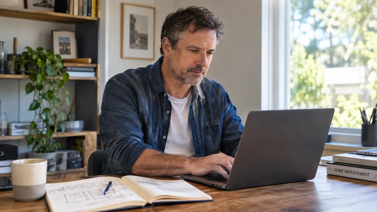 Person following up on a complex, multi-part search question at a home office desk.