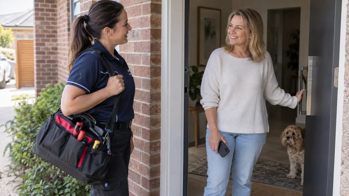 Local appliance repair professional arriving at a customer's door for a booked job.