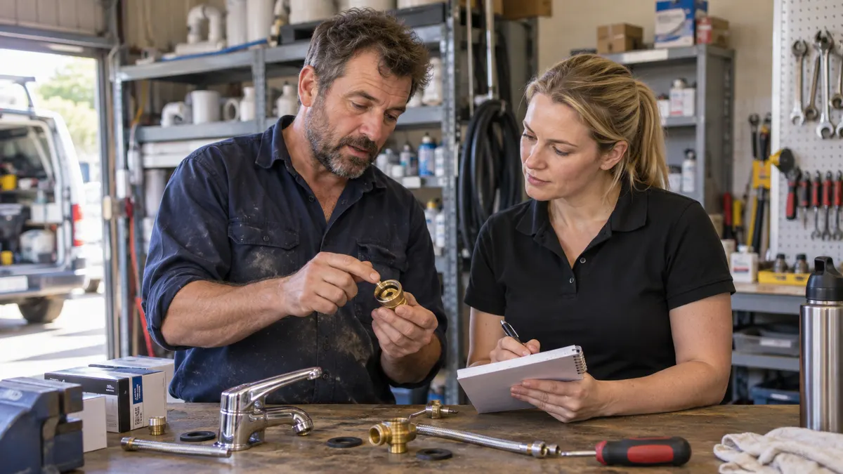 Tradesperson and a colleague discussing how to explain a common customer question clearly on their website.