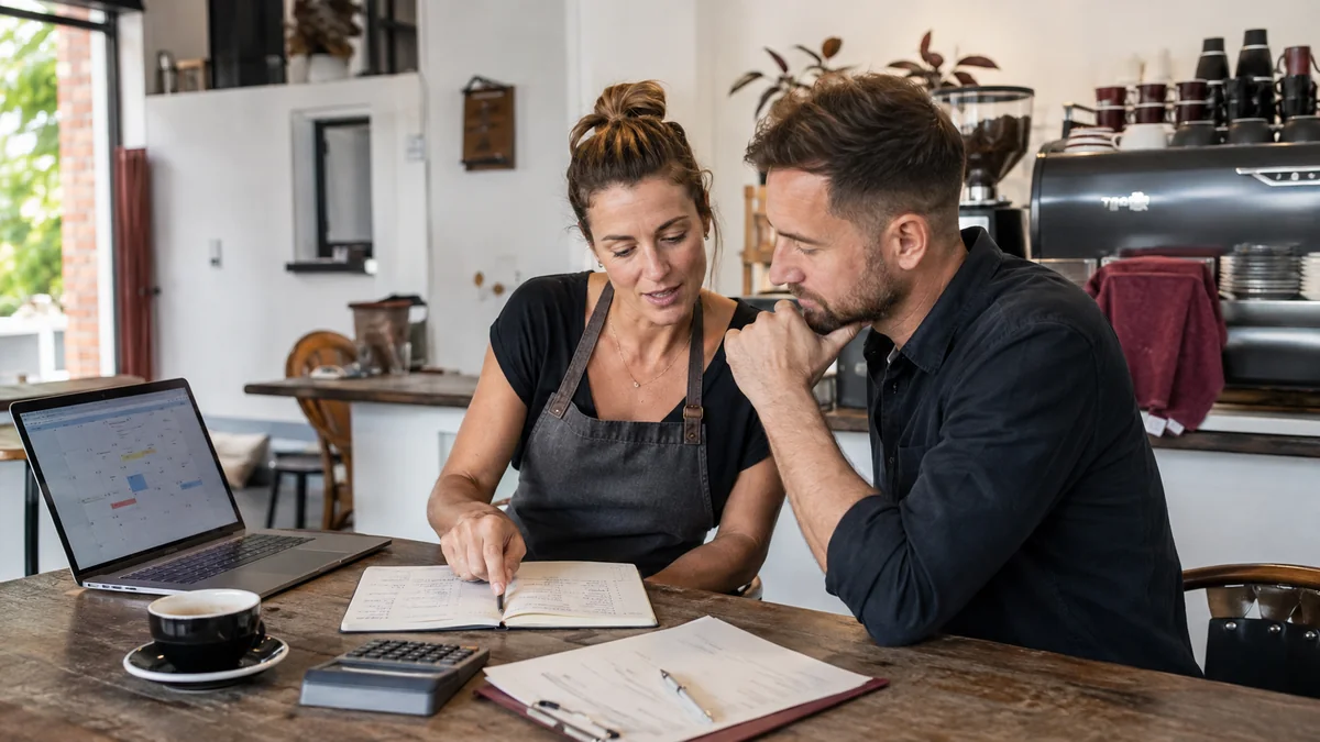 Illustrative scene of a business owner focusing a marketing budget.