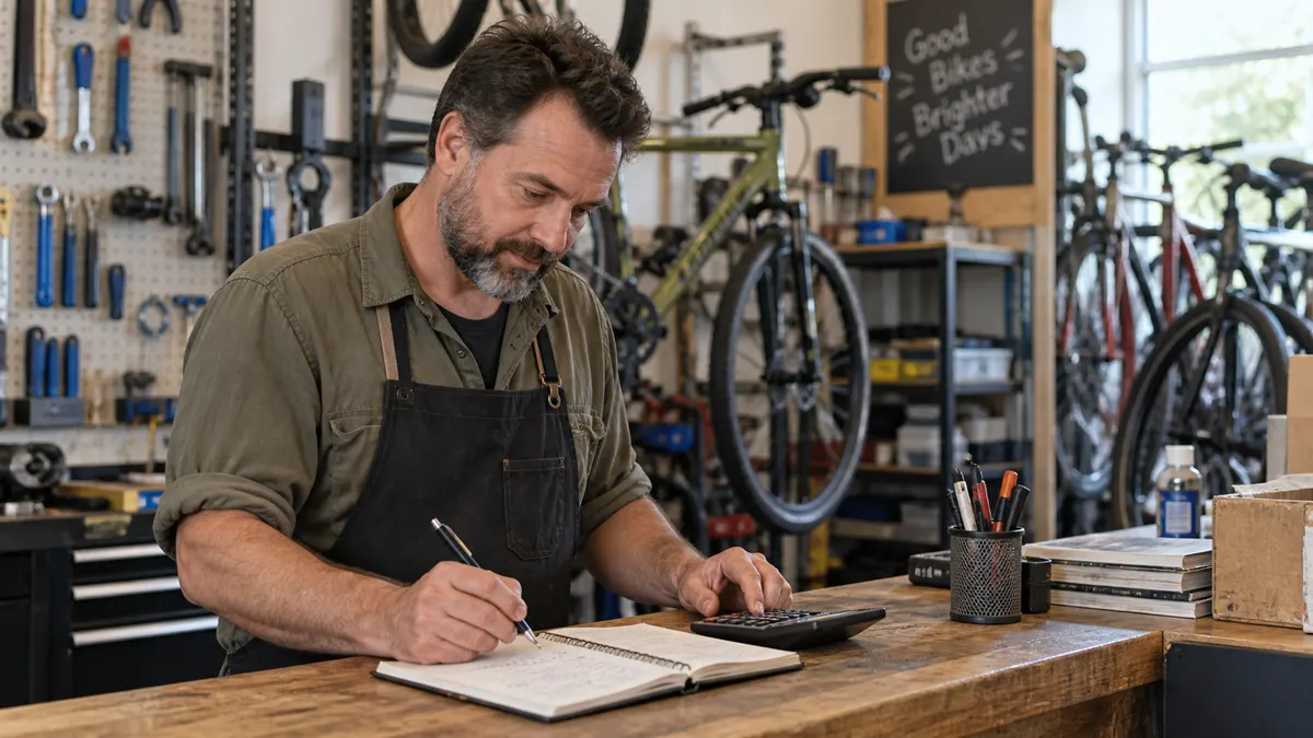 Small business owner reviewing a marketing budget and notebook at the shop counter.