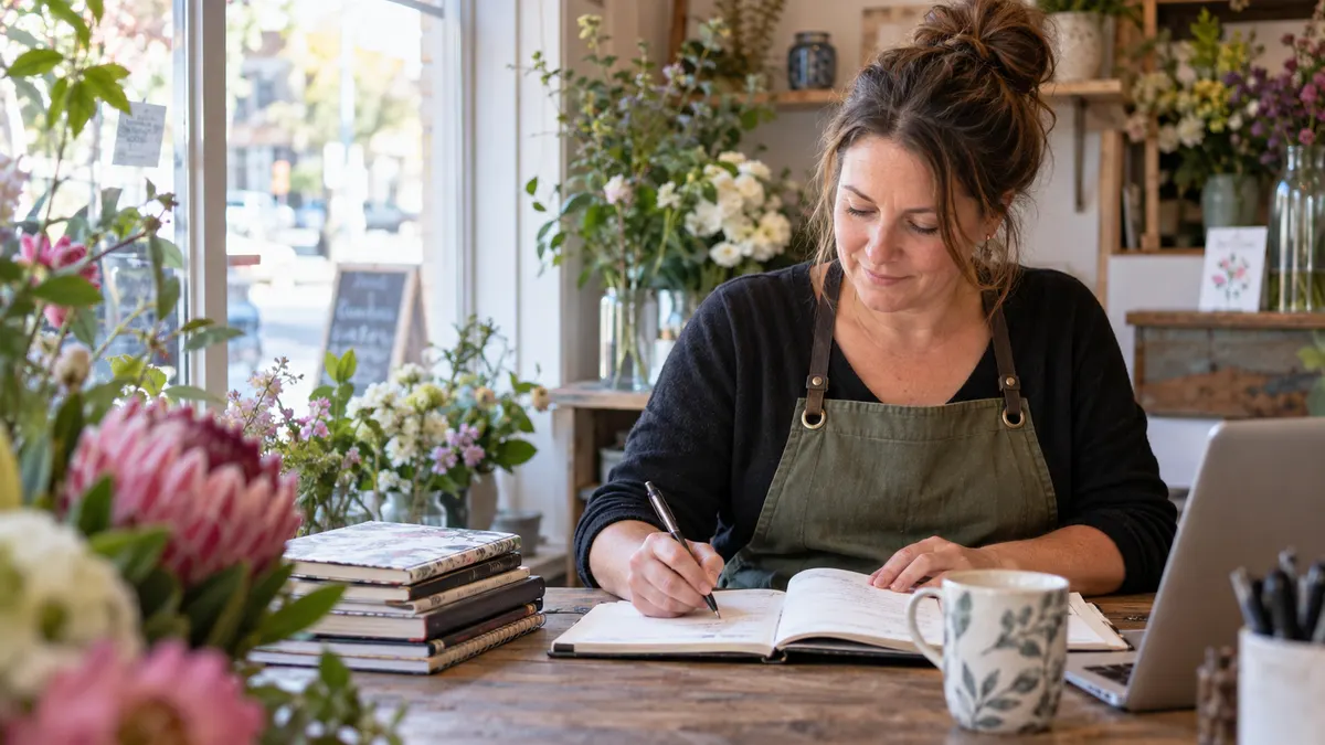 Small business owner planning next month's marketing work in a diary at a small desk.