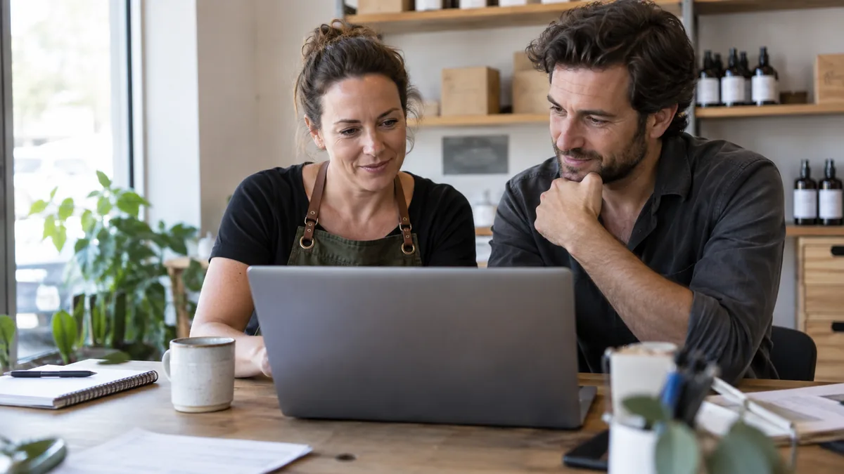 Small business owner reviewing a spreadsheet of customer enquiries on a laptop.