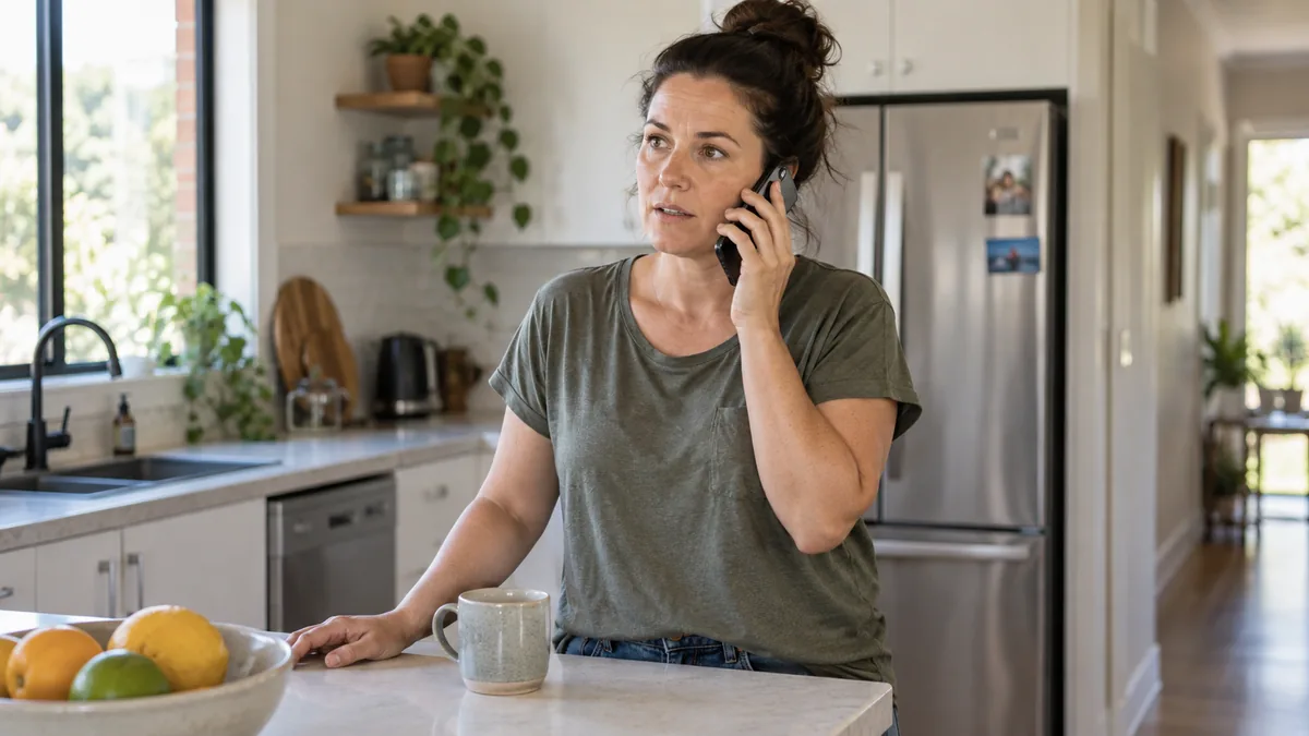 Homeowner calling a trades business on her smartphone from her kitchen.