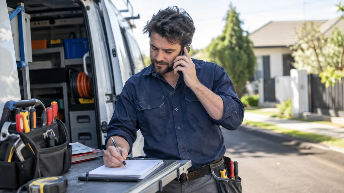 Electrician parked beside his work van answering a call and writing an enquiry in a notebook.