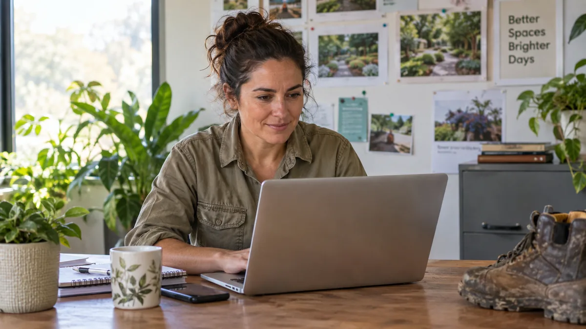 Small-business owner checking laptop appointment notifications at her desk.
