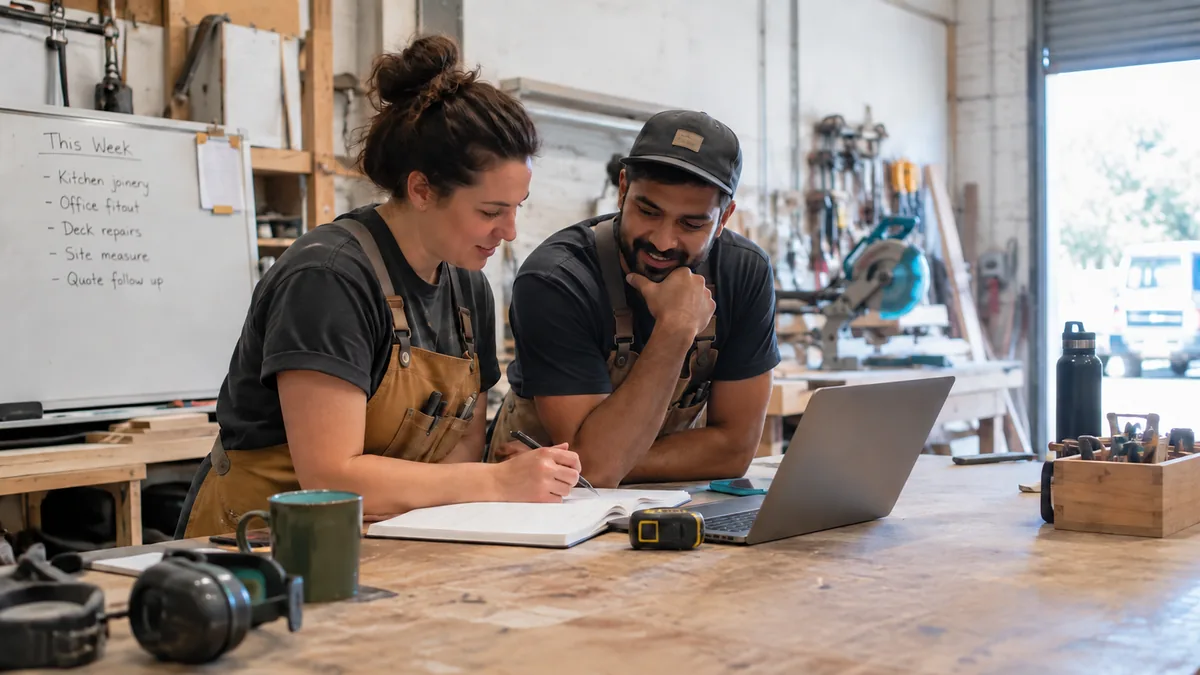 Two small-business colleagues reviewing an appointment diary and work schedule together.