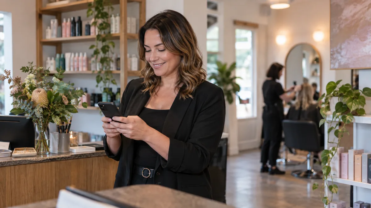 Business owner checking a compliance checklist on a laptop next to a phone showing text messages.