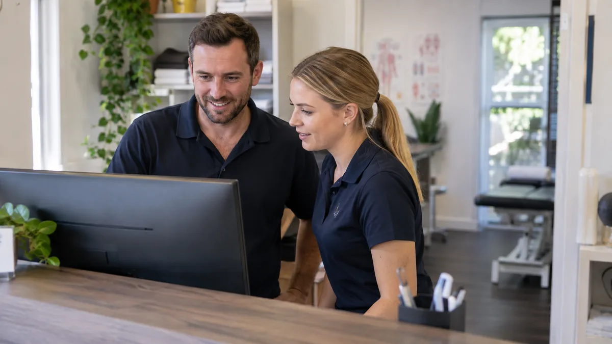 Small business owner discussing SMS platform settings on a phone call while looking at a CRM dashboard.