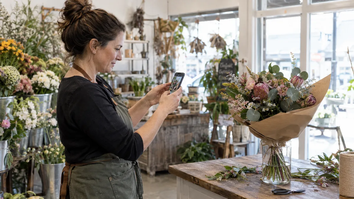 Florist photographing a fresh bouquet in her shop using her phone.