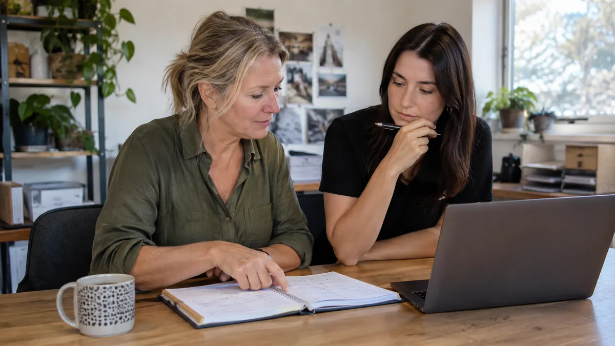 Small-business owner and colleague reviewing an appointment diary alongside a laptop.