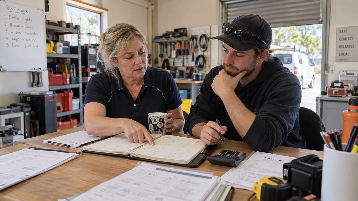 Small business owner and colleague planning next quarter's marketing at a workshop office table.